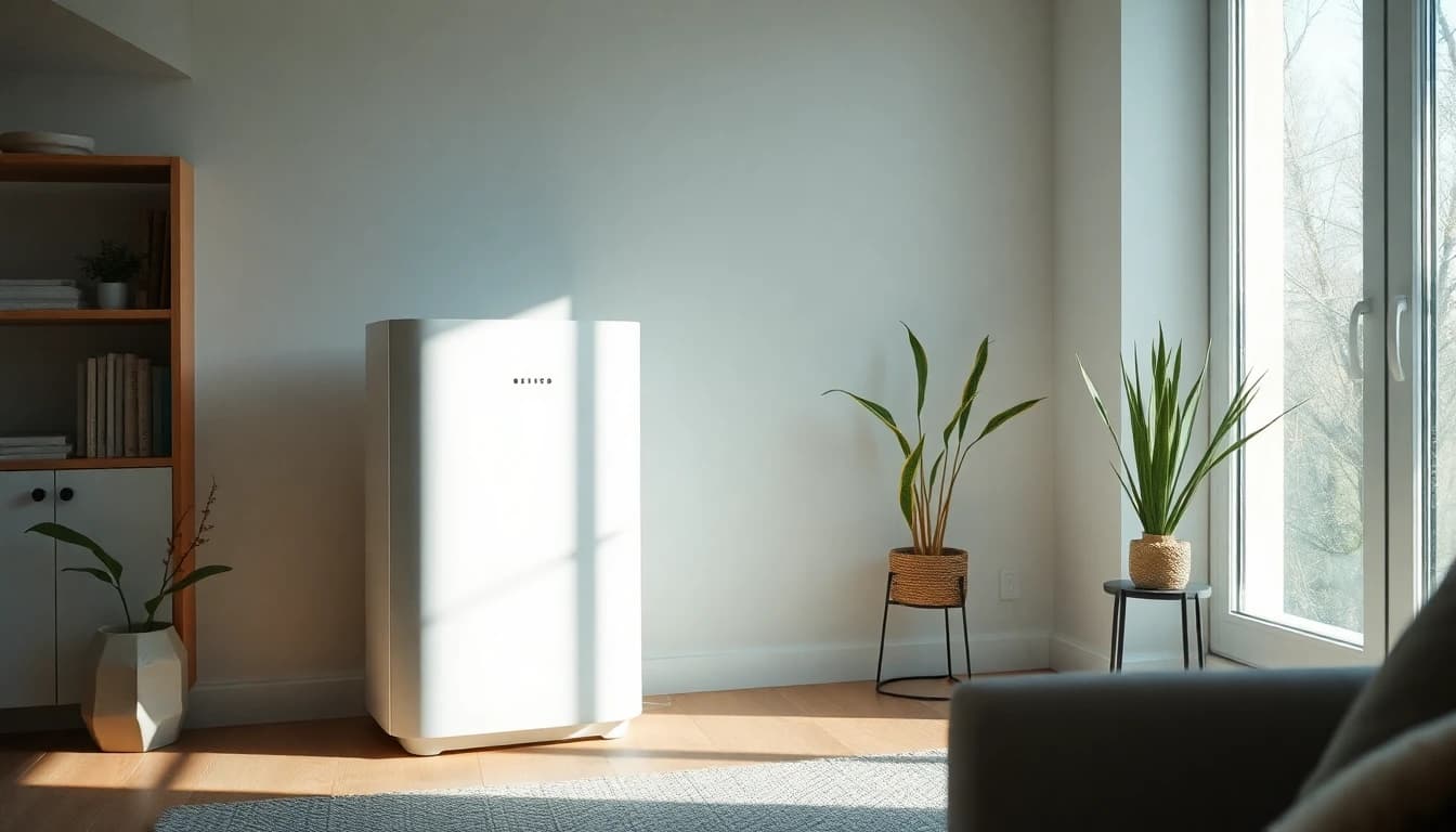 Déshumidificateur domestique blanc dans un séjour lumineux
