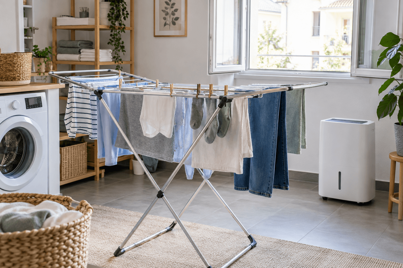 Linge bien espacé sur un étendoir devant une fenêtre ouverte