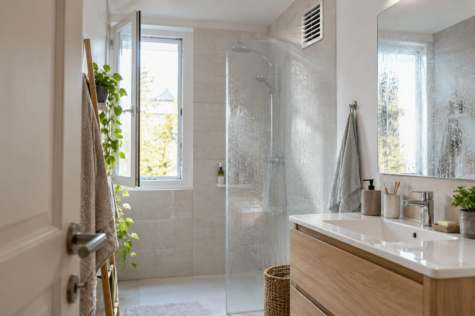 Salle de bain claire avec fenêtre ouverte et grille de ventilation