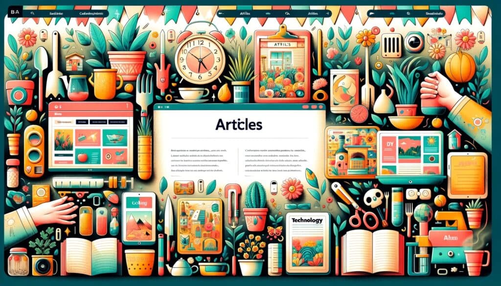 Bannière colorée pour la page 'Articles' du blog, avec des illustrations de jardinage, cuisine, technologie et DIY.