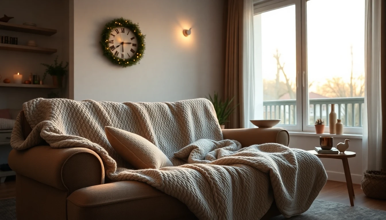 Salon d’hiver avec canapé, plaid et ambiance chaleureuse pour illustrer l’usage contextual d’une bouillotte