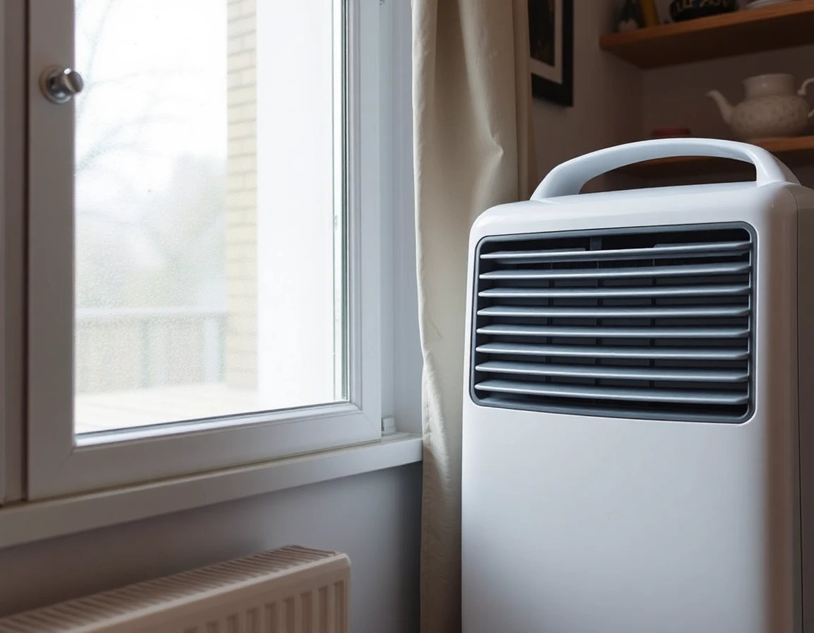 Fenêtre avec condensation près d’un déshumidificateur domestique
