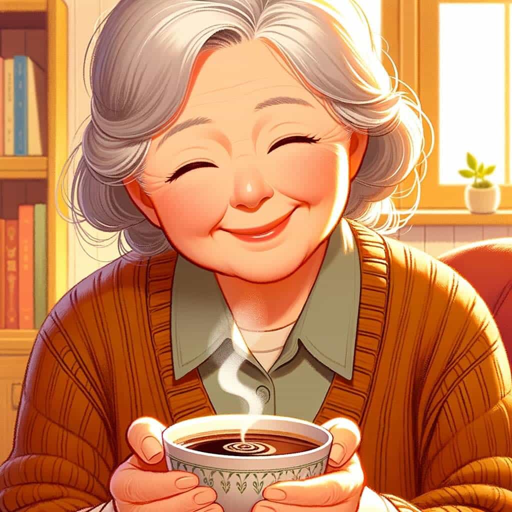 Mamie qui tien une belle tasse de bon café 