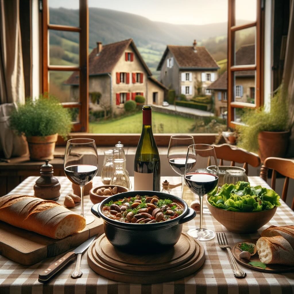 l'image dépeint une scène champêtre française avec une table en bois rustique dressée pour un repas de cassoulet. Sur la table, une nappe à carreaux, des verres à vin, une bouteille de vin rouge, un pain croustillant, et une salade verte. En arrière-plan, une fenêtre offre une vue pittoresque sur un village français traditionnel et des collines ondulées.