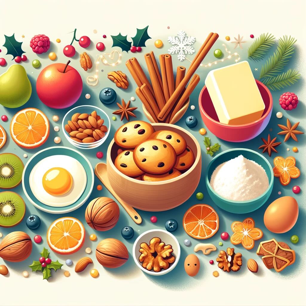 Ingrédients des sablés de Noël avec fruits, noix et produits laitiers, évoquant leurs valeurs nutritives