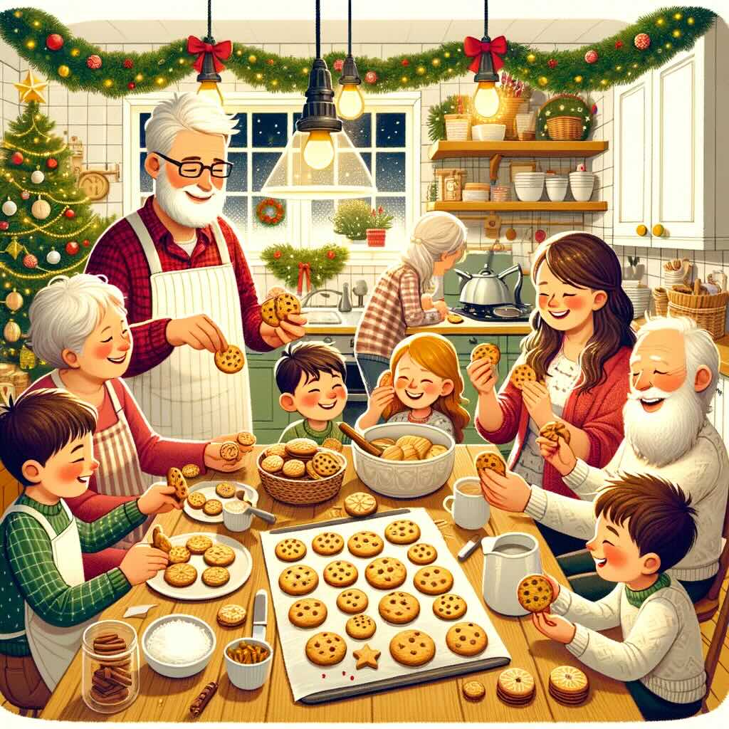Illustration chaleureuse d'une famille se réunissant dans la cuisine pour partager des sablés de Noël